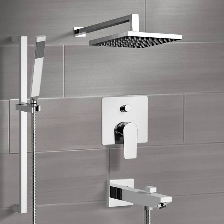 Remer TSR41-8 Chrome Tub and Shower Faucet Set with 8 Inch Rain Shower Head and Hand Shower